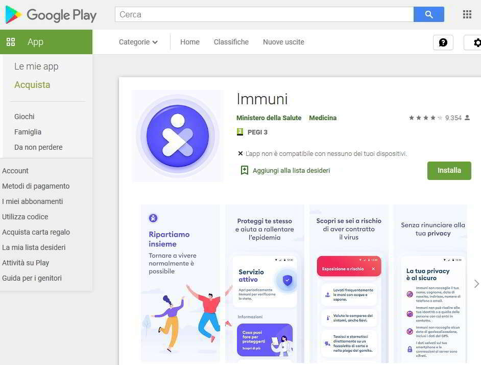 pagina corretta su playstore per app immuni