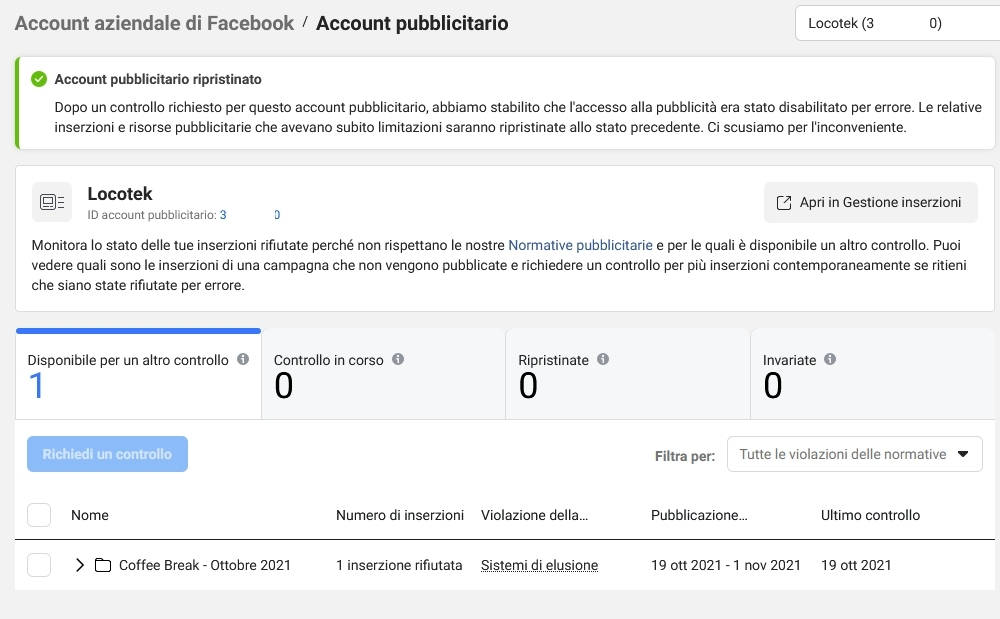 il mio account pubblicitario facebook riattivato velocemente dall'assistenza