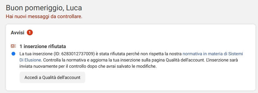 avviso dell'inserzione rifiutata di facebook per via dei sistemi di elusione