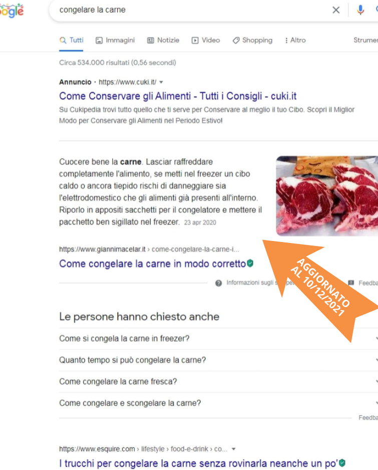 snippet della serp di google del sito web giannimacelar.it sulla keyword congelare la carne