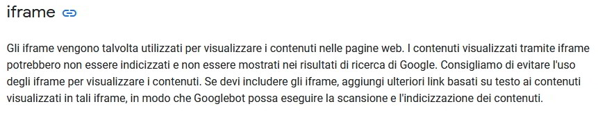 pagina di google che sconsiglia l'uso di iframe per visualizzare i contenuti