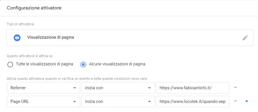 configurare il trigger attivatore per referrer e page url