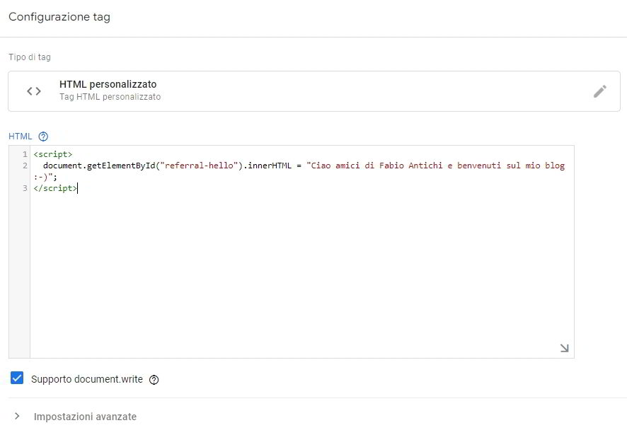 tag di html personalizzato correttamente configurato con il codice javascript