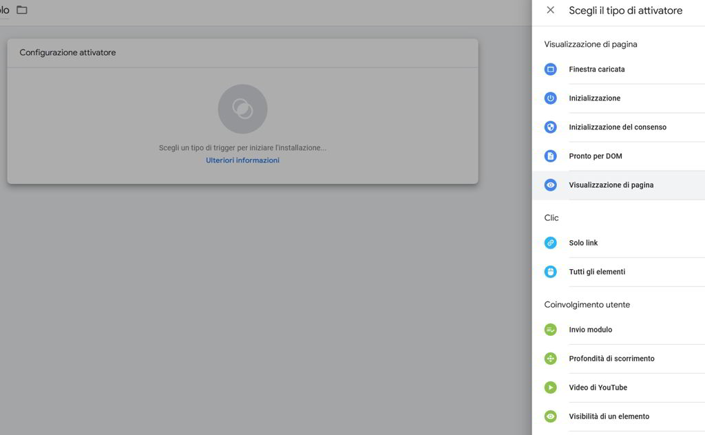 finestra di creazione di un nuovo attivatore o trigger, in google tag manager