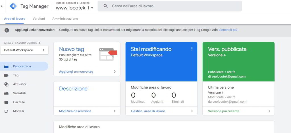 la dashboard iniziale di Google Tag Manager