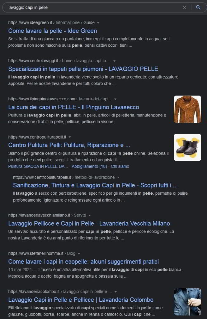 serp google con la query lavaggio capi in pelle e 1.470.000 risultati