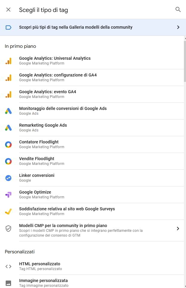 lista di tag attivabili su google tag manager